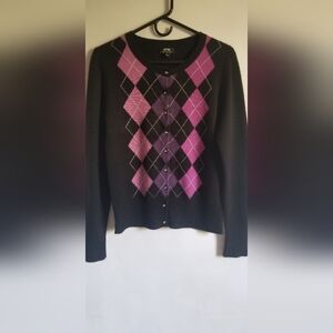 Women's Apt.9 100% cashmere cardigan SzM black with purple argyle pattern